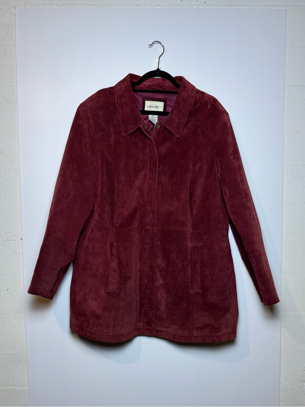 Vintage Women Burgundy Suede Leather Zip Front Jacket Pockets Size 24W/2X Boho